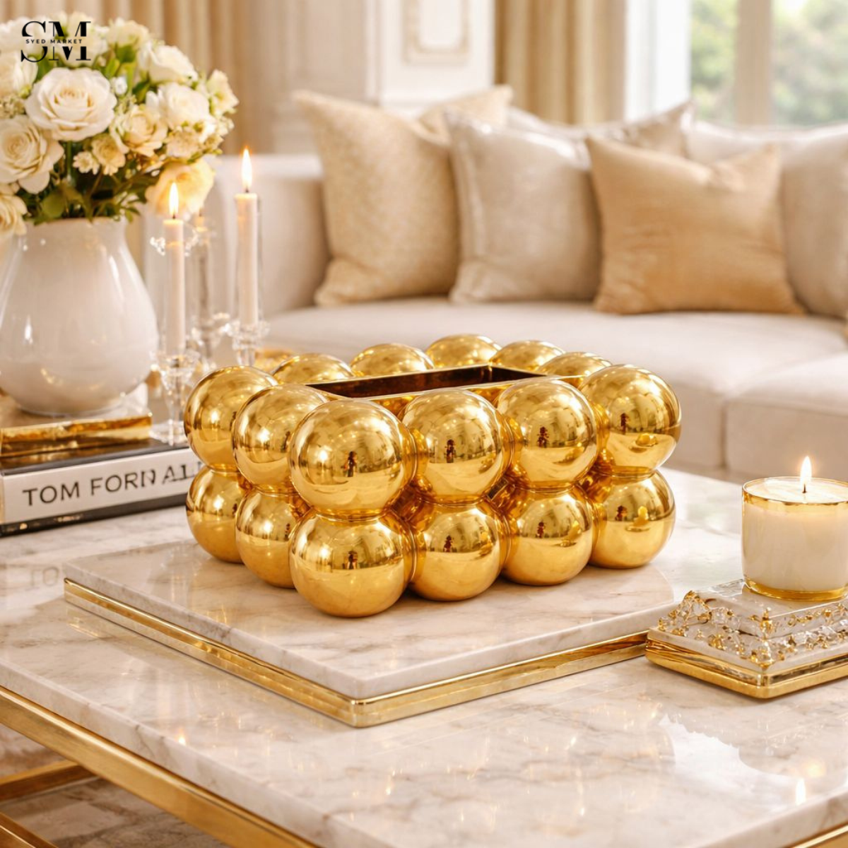 PVC BUBBLE DESIGN TISSUE BOX HOLDER – LUXURY VILLA TABLETOP DECOR - GOLD
