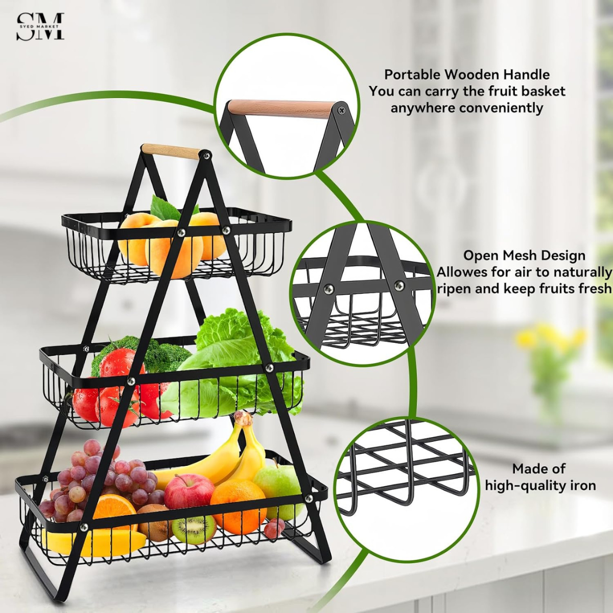 3-TIER FRUIT & VEGETABLE STORAGE BASKET – MODERN METAL KITCHEN ORGANIZER