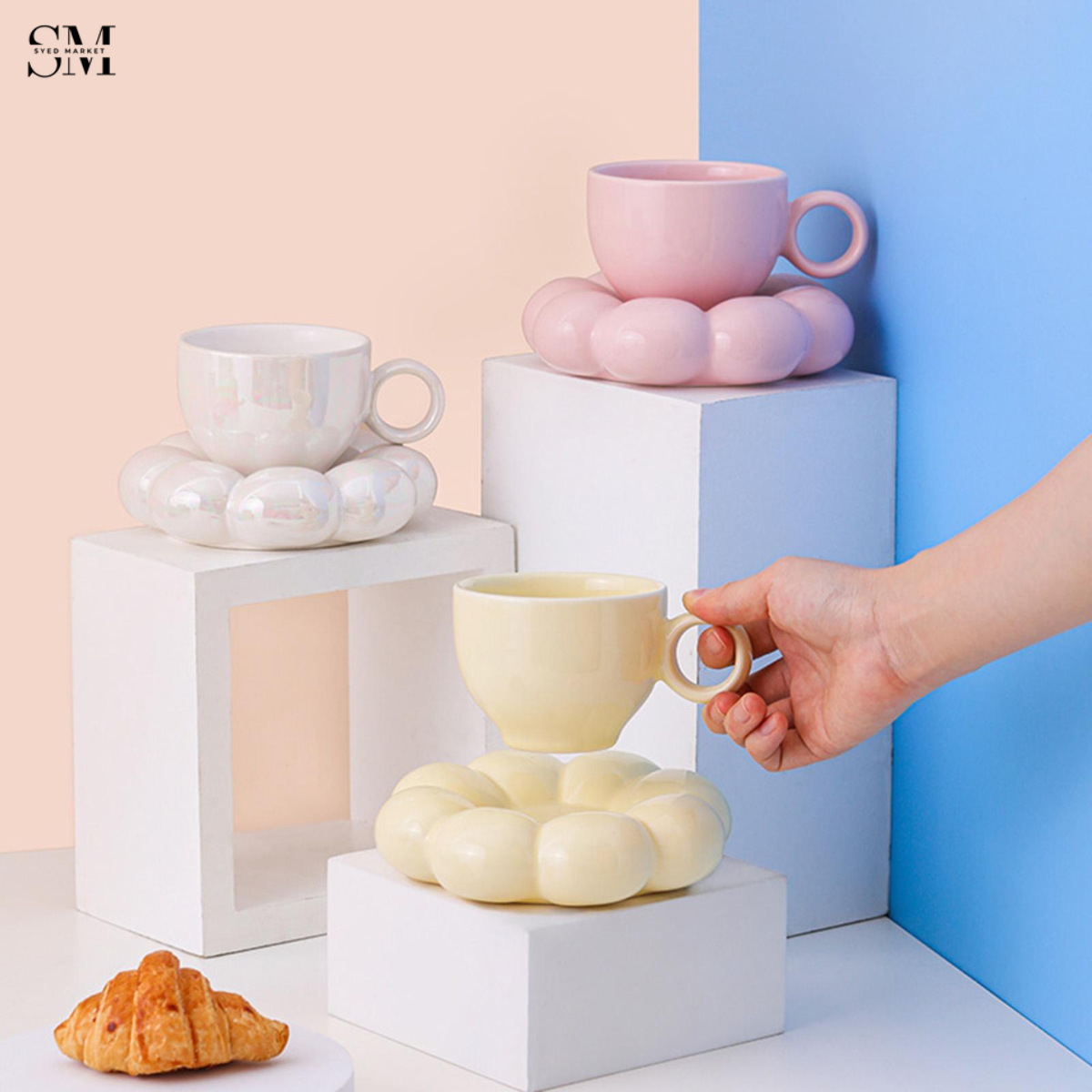PASTEL CERAMIC COFFEE CUP WITH CUSHION BASE – MODERN AESTHETIC MUG