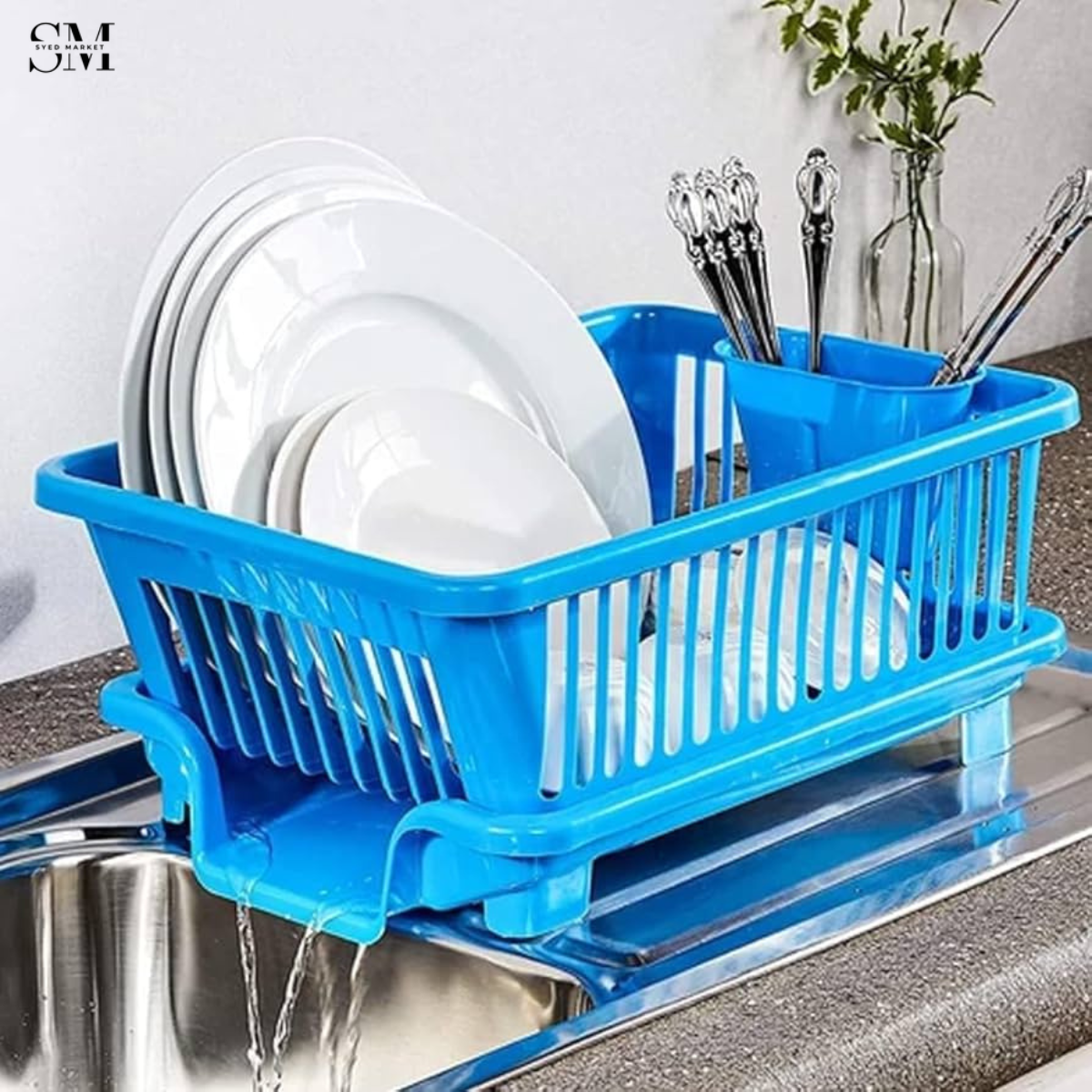 KITCHEN DISH DRYING RACK LARGE PLASTIC DRAINER WITH DRIP TRAY SPOONS & FORKS HOLDER