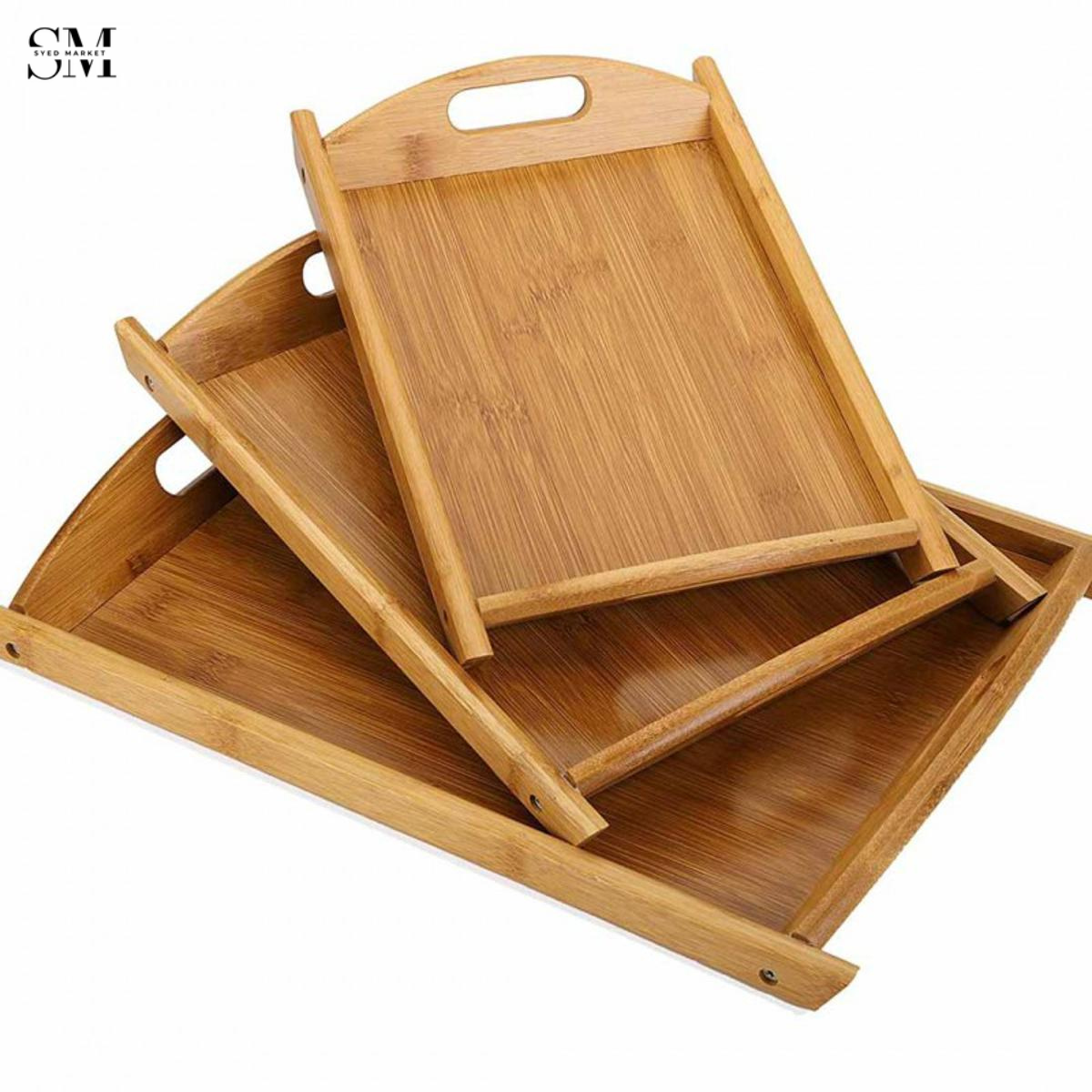 PREMIUM BAMBOO SERVING TRAY SET WITH HANDLES – FOLDABLE WOODEN BREAKFAST & TEA TRAY FOR HOME & KITCHEN
