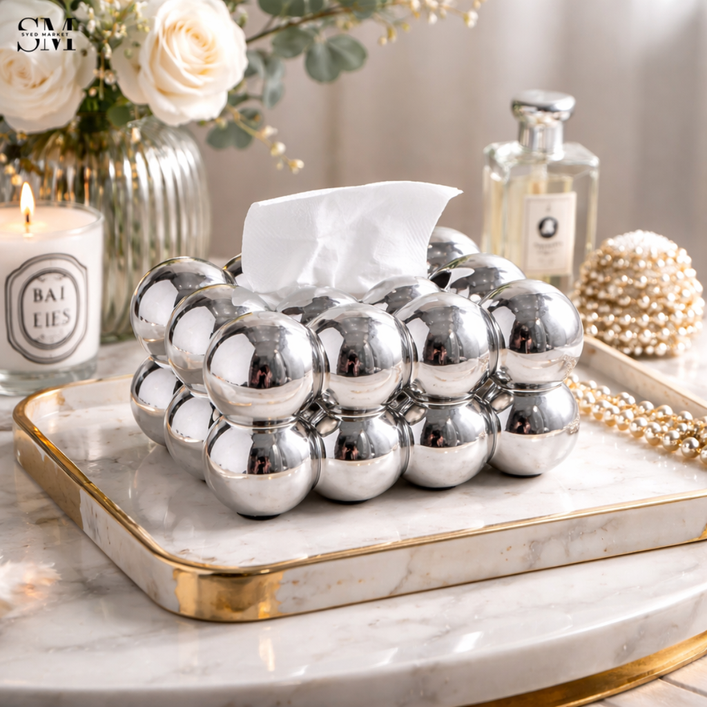PVC BUBBLE DESIGN TISSUE BOX HOLDER – LUXURY VILLA TABLETOP DECOR - SILVER