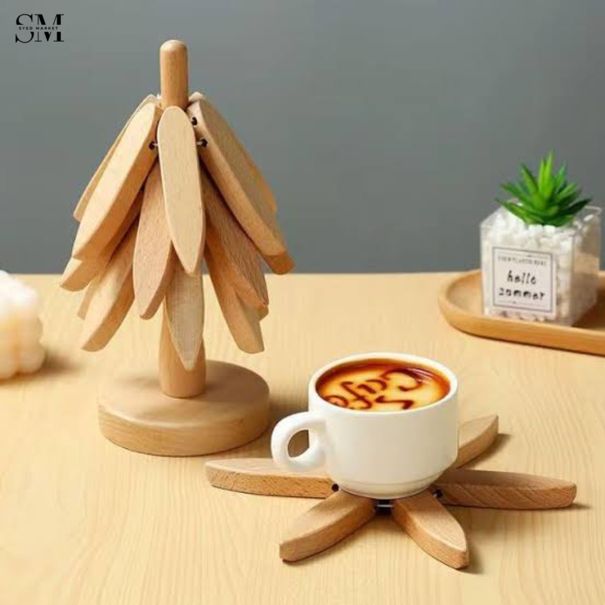 WOODEN FOLDABLE COASTER SET | MULTIFUNCTIONAL TABLE MAT & STAND NATURAL WALNUT FINISH -